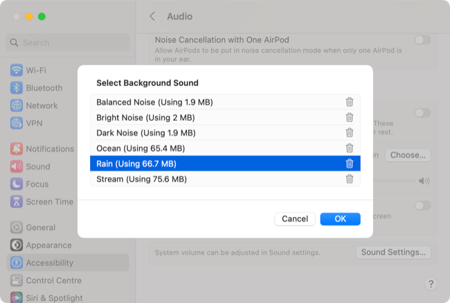 Background Sounds in macOS 13 Ventura System Settings