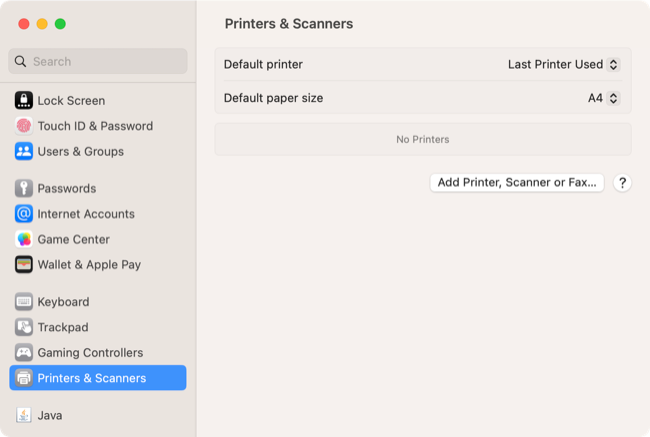 Printers & Scanners menu in macOS Ventura System Settings