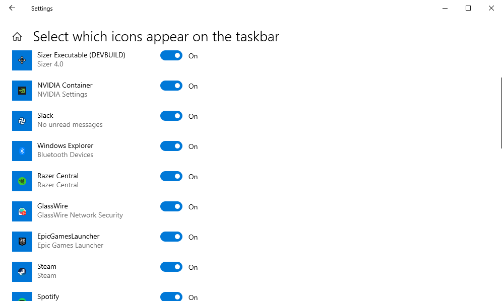 A list of toggleable icons that can appear on your Taskbar. 