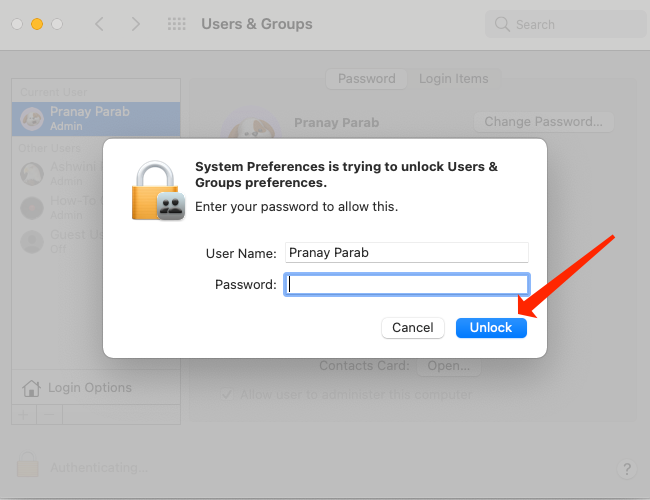 Enter your user account password on Mac and click 