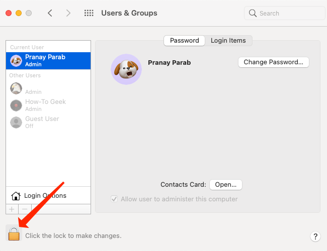 Click the lock icon to make changes to user accounts, under 