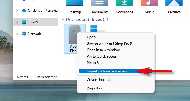 В Windows 11 щелкните iPhone правой кнопкой мыши и выберите 