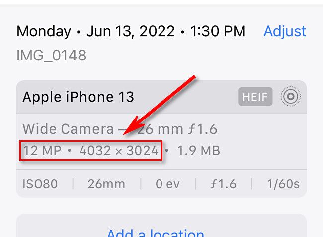 The image resolution and pixel dimensions in Photos on iPhone.