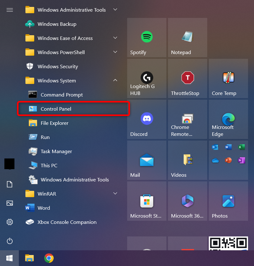 The Control Panel on the Windows Start menu highlighted with a red box.