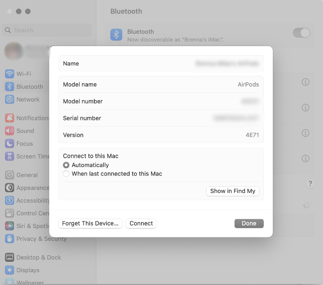 AirPods settings inside Mac settings