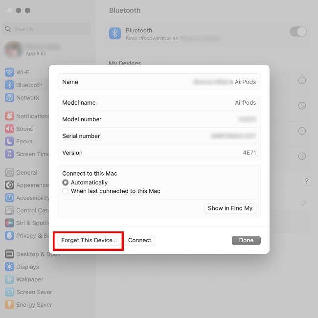 Unpairing AirPods inside System Settings on Mac